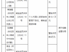 百年人寿咸宁中心支公司被罚21.3万元：因个人代理人资质审核管理不到位 编制虚假资料等