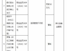 工商银行武汉青山支行因授信管理不尽职被罚50万元