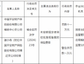 平安产险榆林中心支公司被罚11万元：因未按照规定使用经批准或备案的保险费率