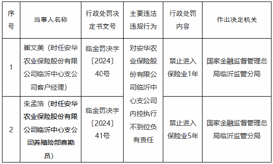 安华农险临沂中心支公司内控执行不到位 时任两名员工被禁业1-5年