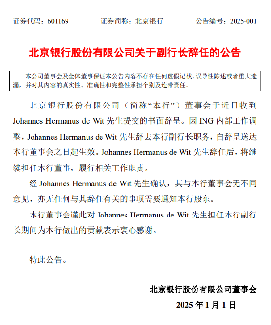 北京银行：副行长Johannes Hermanus de Wit辞任