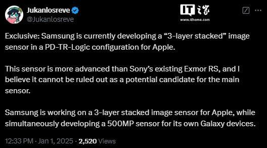 消息称三星正为苹果iPhone开发三层堆叠式相机传感器